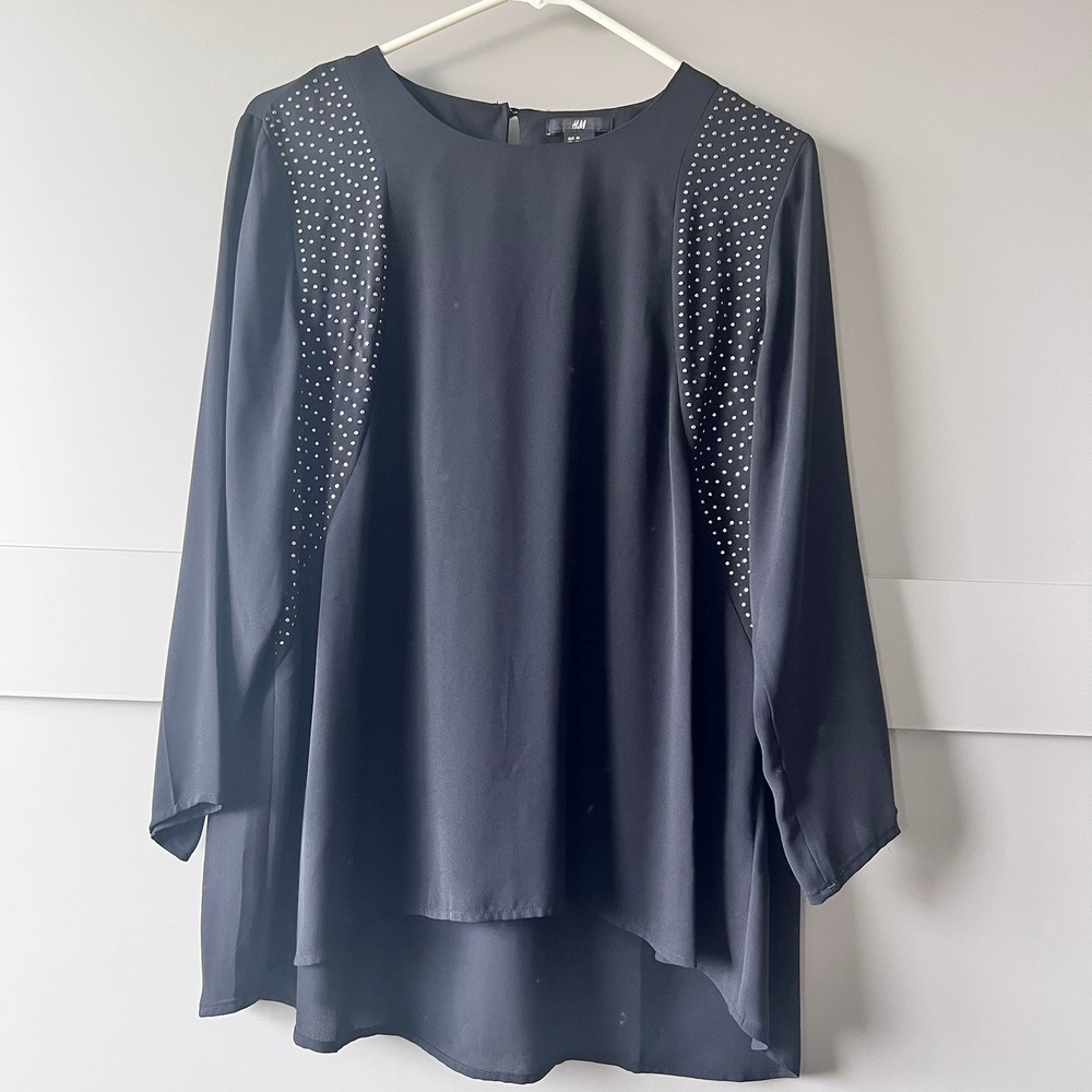 H&M Studded Blouse Women 14 Black Long Sleeve High Low Embellished Career Office